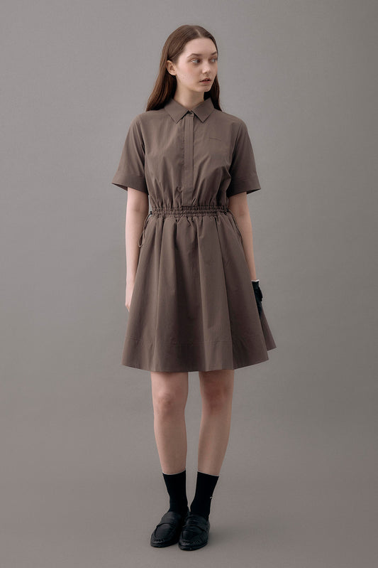 DRAWSTRING SHIRT DRESS - Brown